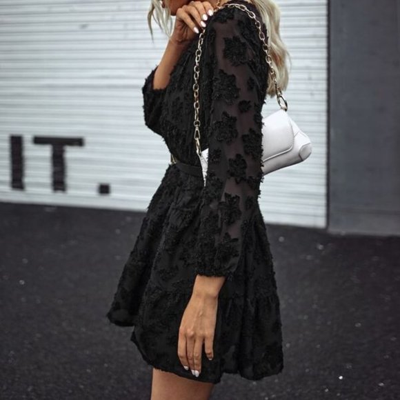 Black Floral Fuzzy Sheer Sleeve Ruffle Dress - Picture 4 of 7